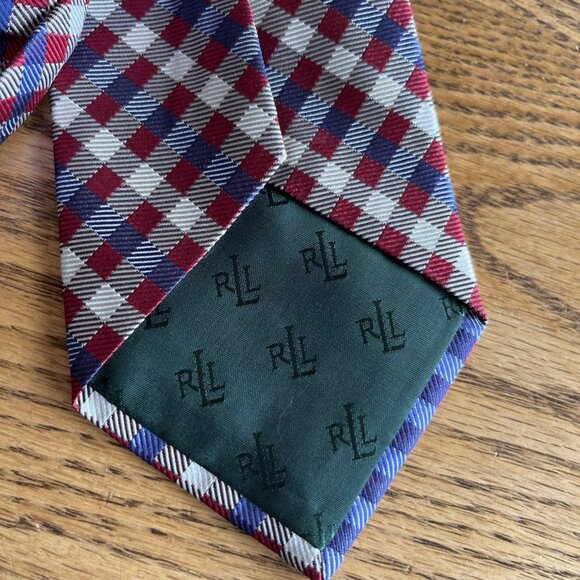Lauren Ralph Lauren 57” Necktie 100% Silk Red Blue Cream Plaid Designer Tie - Picture 6 of 7
